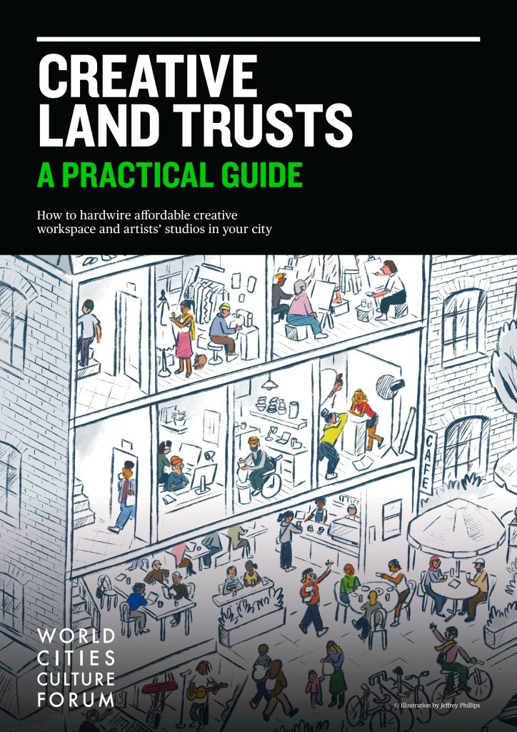 Creative land trusts, a practical guide, with an illustration of people in a building.